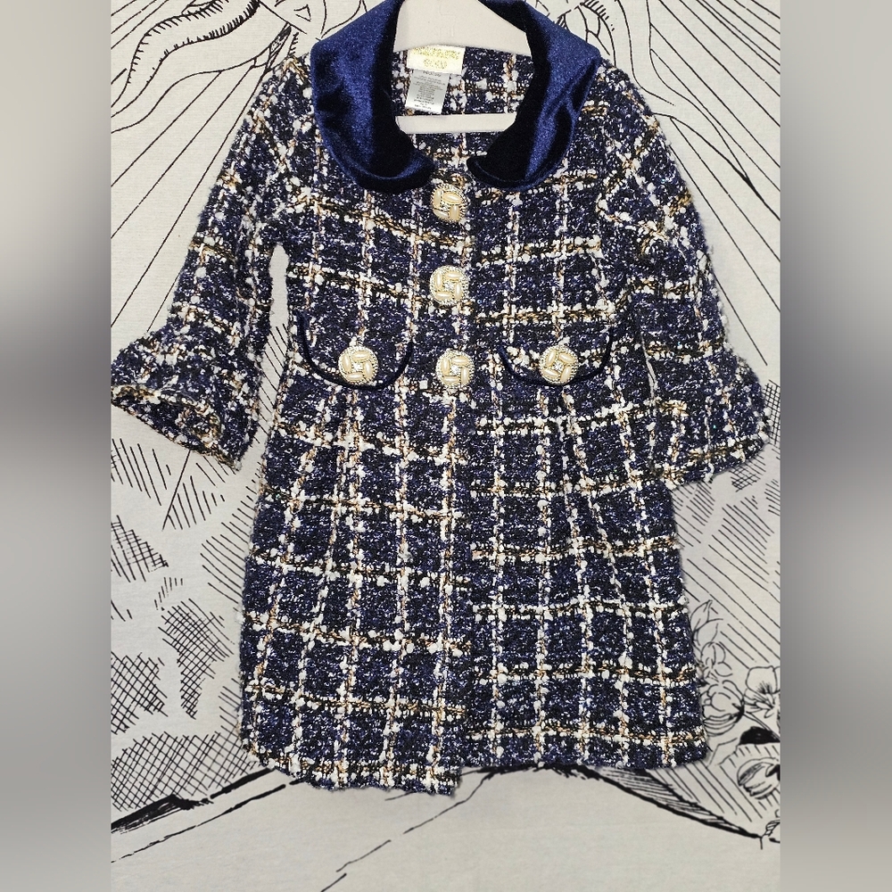 Like New Bluberi Gold ~ Navy Blue, White. & Gold Tweed Kid's Coat 24 Months